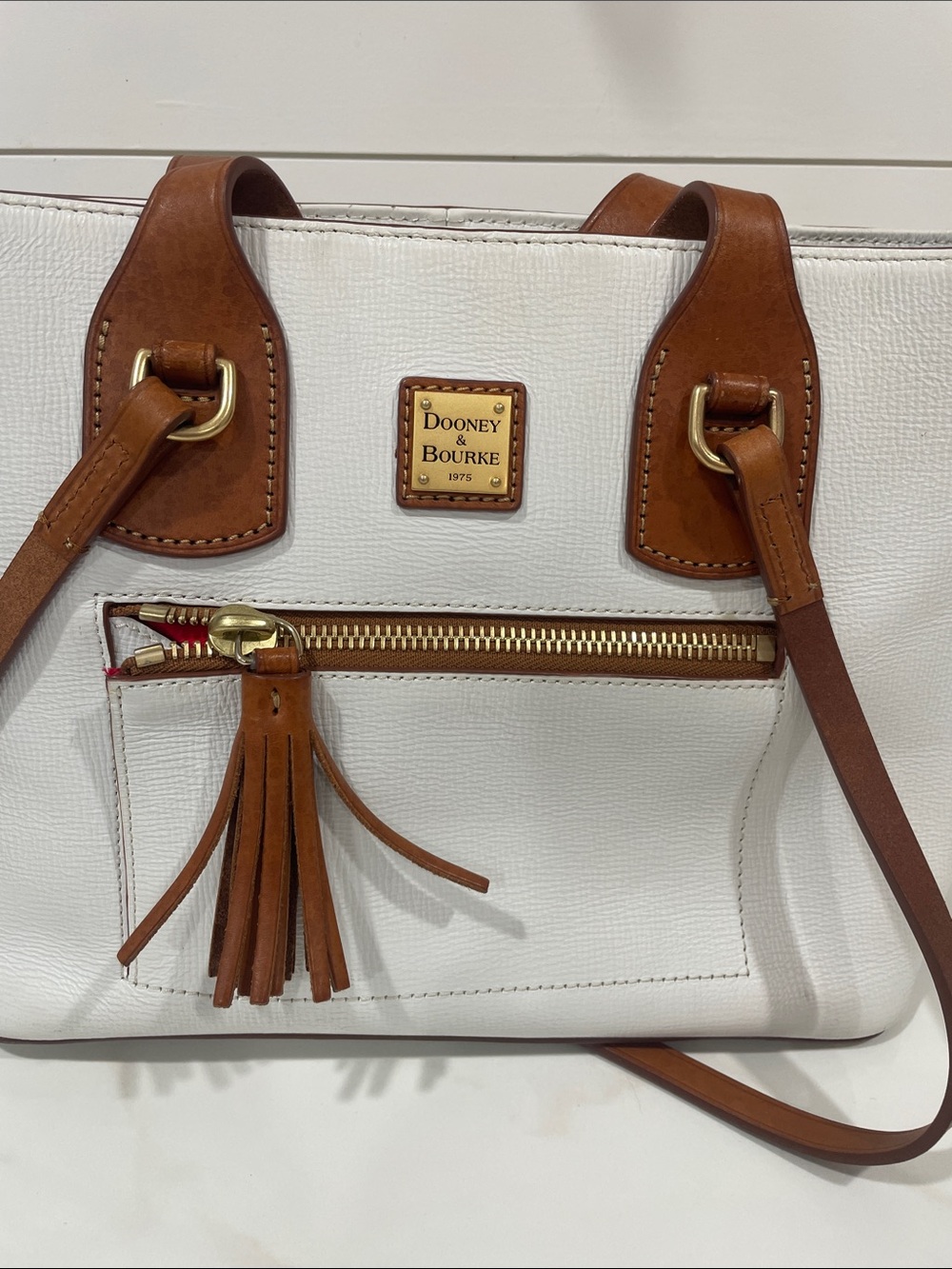 Dooney & Bourke White Shoulder Tote with Brown Trim - Picture 3 of 10